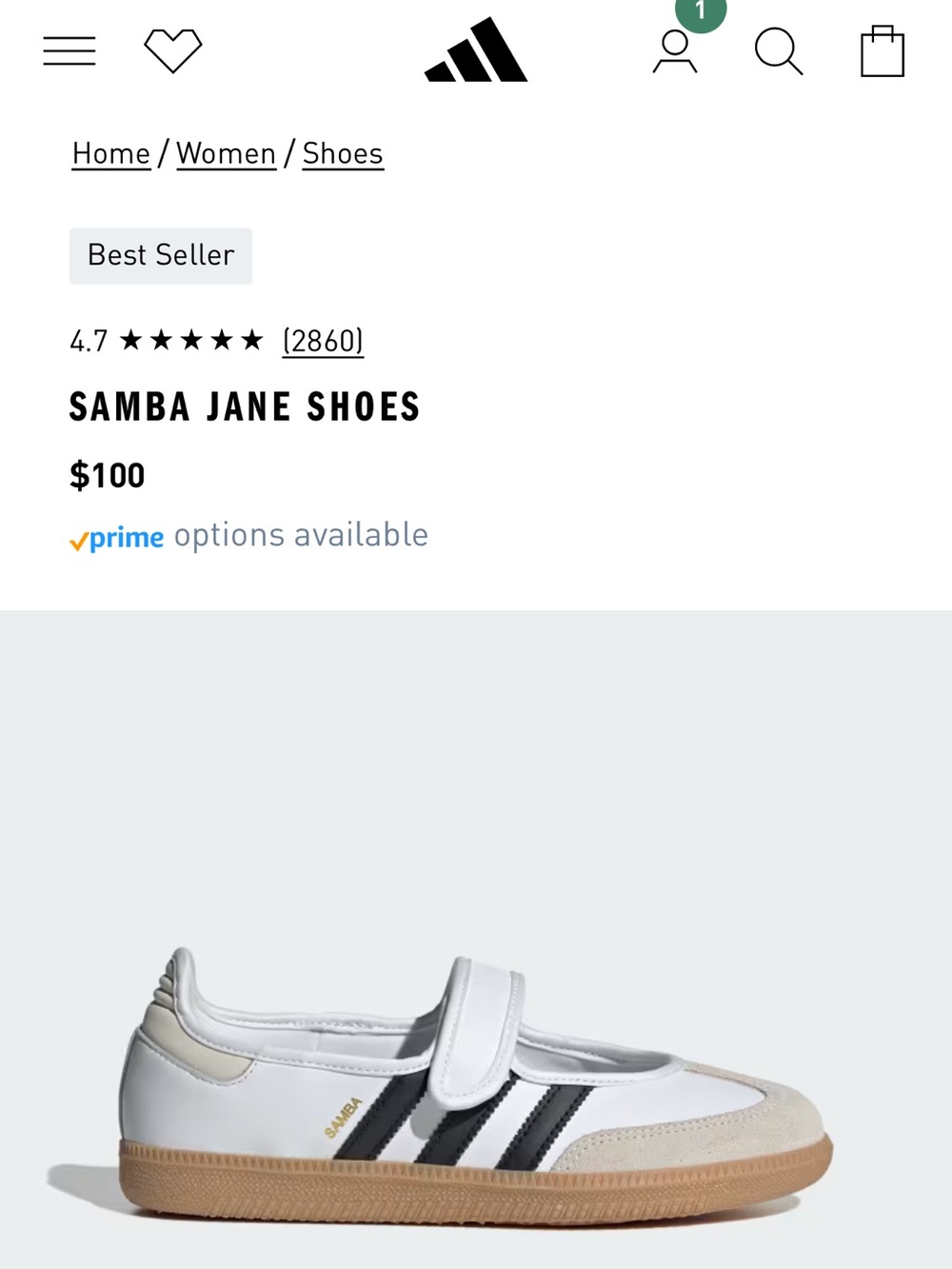 adidas women’s Samba Jane Sneakers — White with Black Stripes and Gum Sole